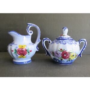 Vintage Vestal Alcobaca Portugal Creamer Sugar Set Hand Painted Blue Floral
